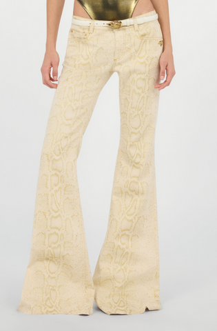 White Flared Jeans with Gold Python Motif