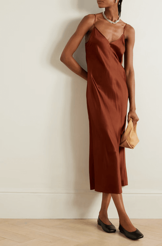 Clea silk satin brown dress