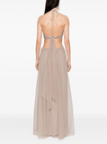 embroidered tulle maxi dress in taupe