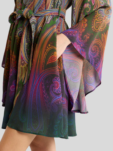 Mini dress with belt and degradé paisley motif
