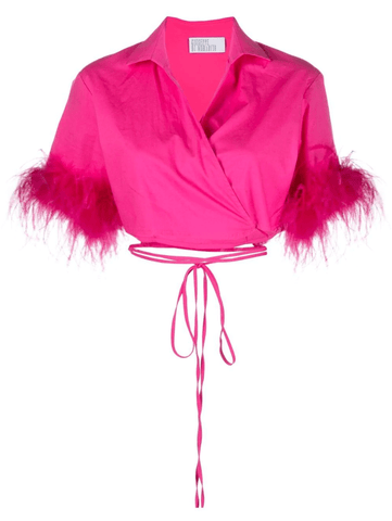 Feather-trim wrap top in fuchsia